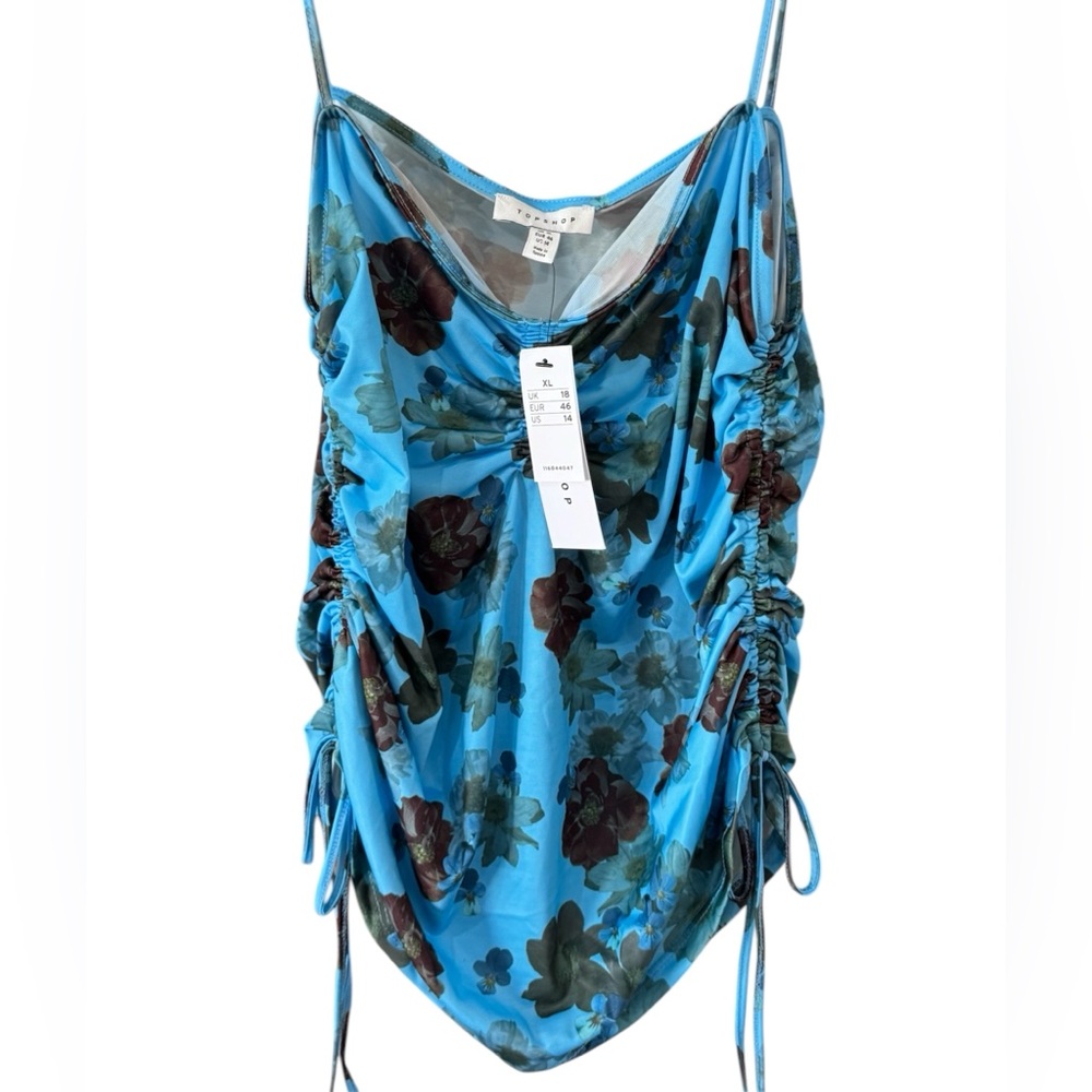 Topshop Turquoise Floral Ruched Spaghetti Strap Cami